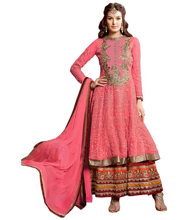 Surat Tex Pink Party Wear Embroidered Georgette Semi-Stitched Anarkali ...