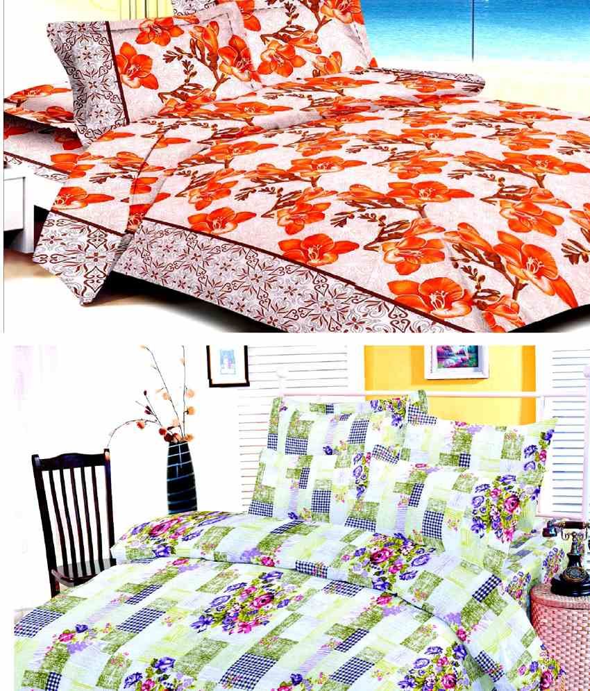Indiano Cotton Orange Floral Double Bed Sheets Combo Of 2 Buy Indiano Cotton Orange Floral