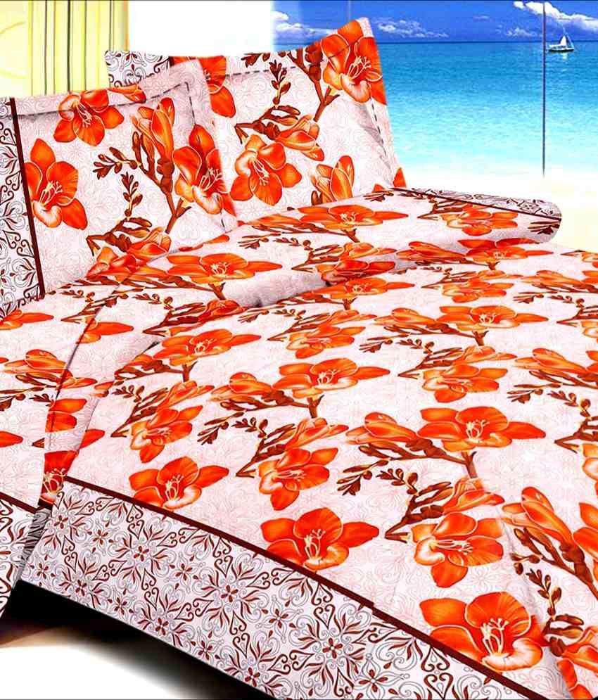 Indiano Cotton Orange Floral Double Bed Sheets Combo Of 2 Buy