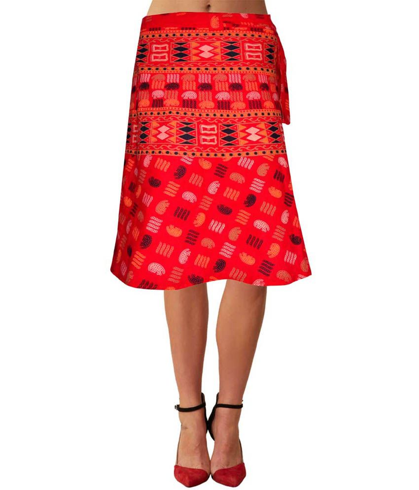     			Sttoffa Red Printed Ethnic Style Cotton Knee Length Wrap Around Skirt