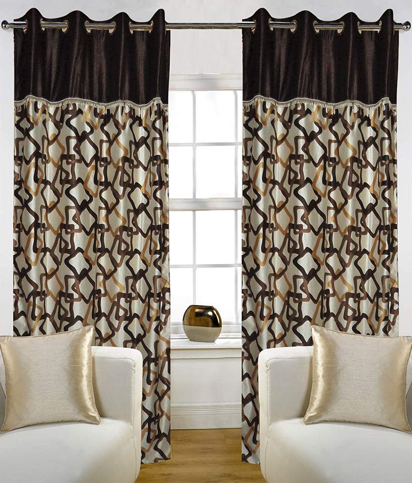     			Home Candy Set of 2 Long Door Eyelet Curtains Geometrical Brown