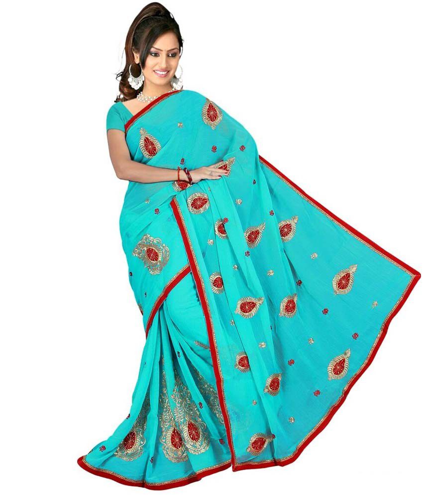 Payal Sarees Turquoise Faux Chiffon Embroidered Saree With Blouse Piece ...