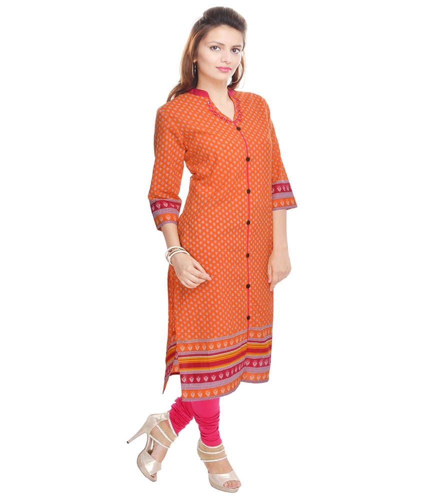 Sangas Orange Cotton Embroidered 34th Sleeve Kurti Buy Sangas Orange