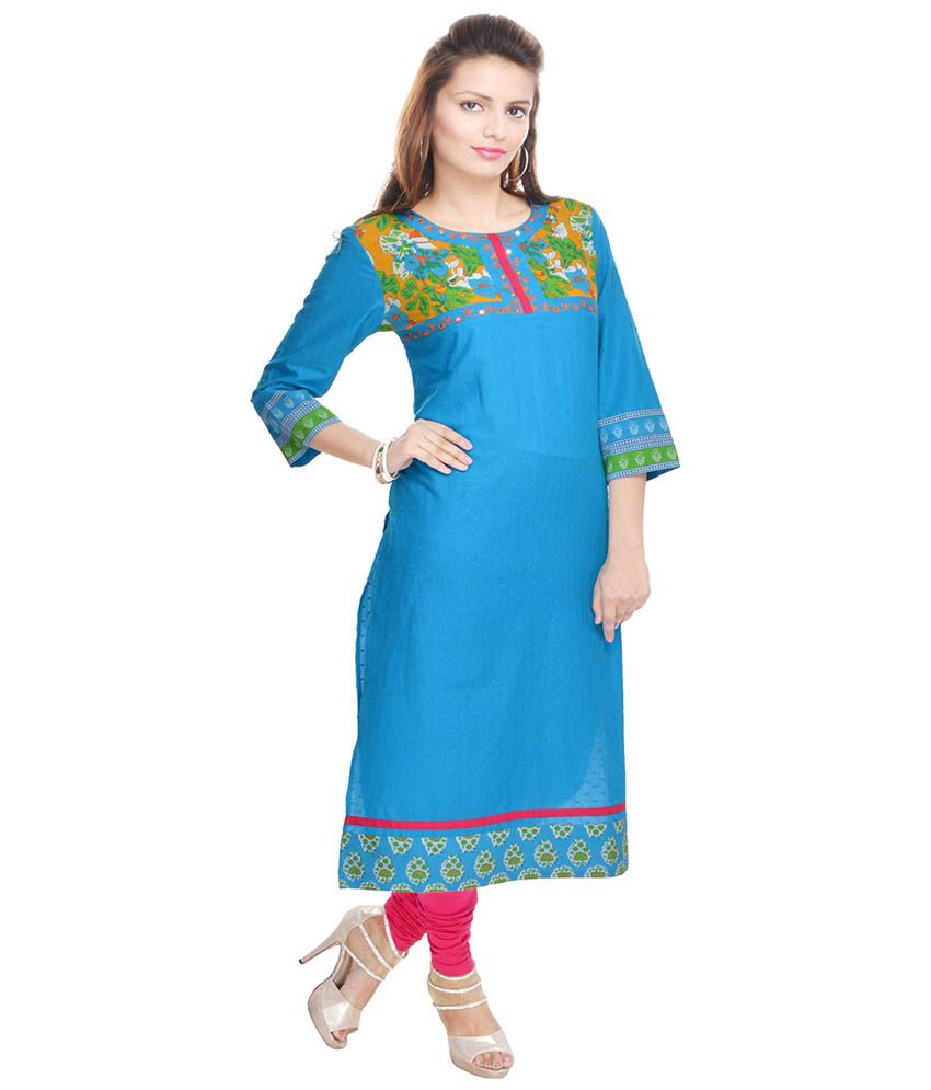 Sangas Turquoise Cotton Embroidered 3|4th Sleeve Kurti - Buy Sangas ...