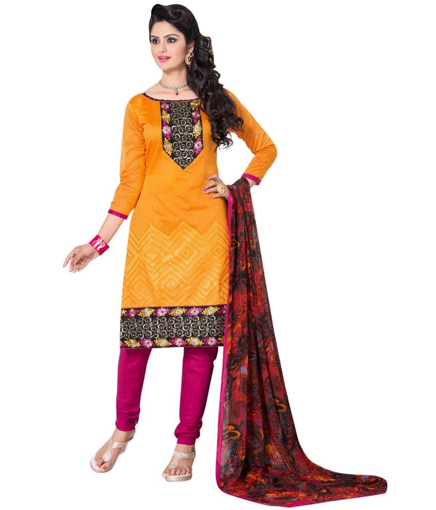 Vibes Orange Chanderi Embroidered Dress Material Buy Vibes Orange