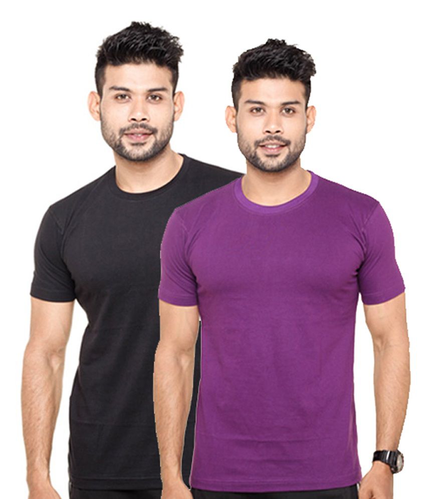     			Fleximaa Black & Purple Round Neck T-Shirts (Pack of 2)