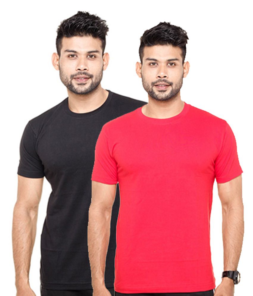     			Fleximaa Black & Red Round Neck T-Shirts (Pack of 2)