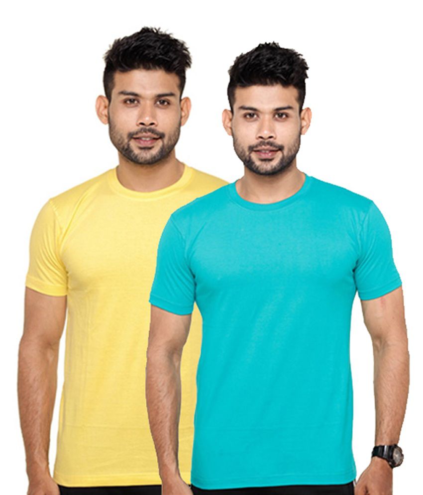     			Fleximaa Lemon Yellow & Turquoise Round Neck T-Shirts (Pack of 2)