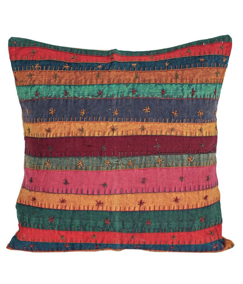 Fabindia Multicoloured Stripes Gudri Embroidery Sitara Cotton Cushion