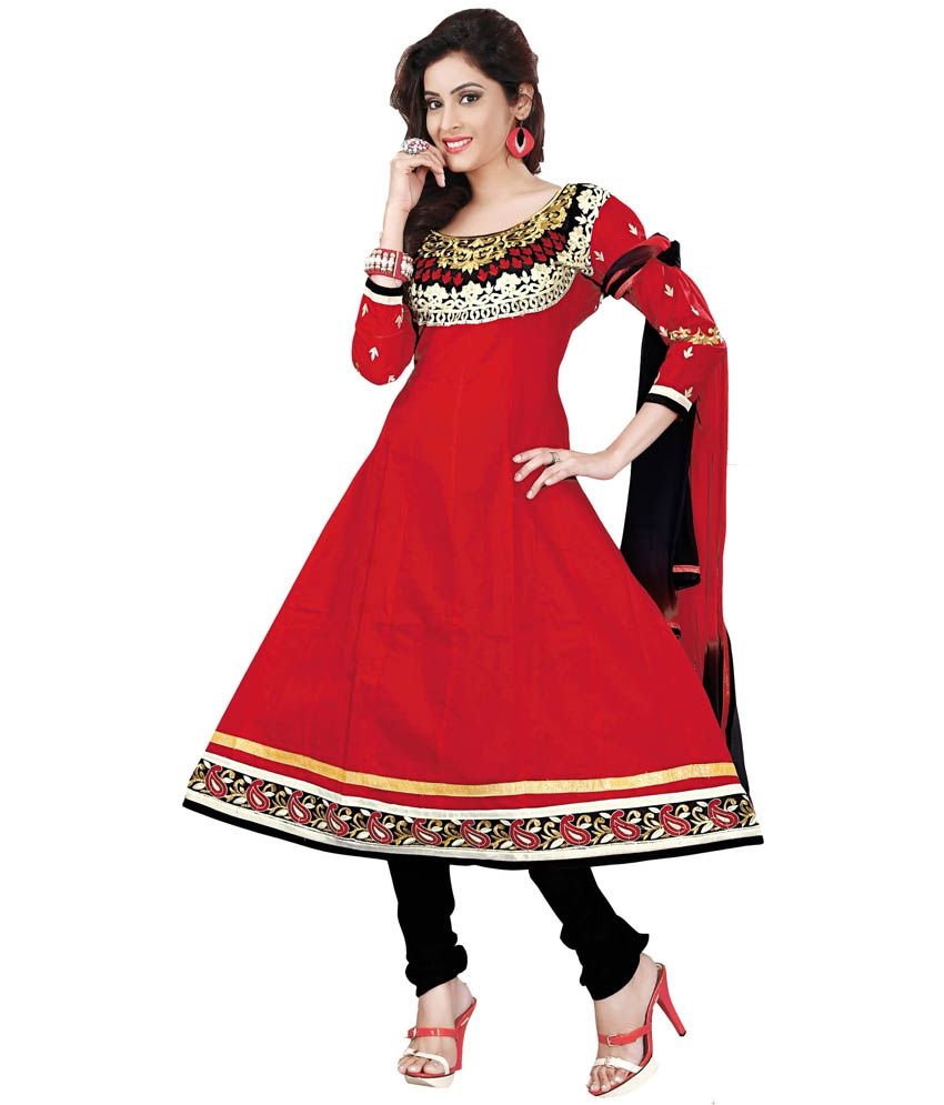 Heena Fashion Red Embroidered Unstitched Cotton Dress Material - Buy ...