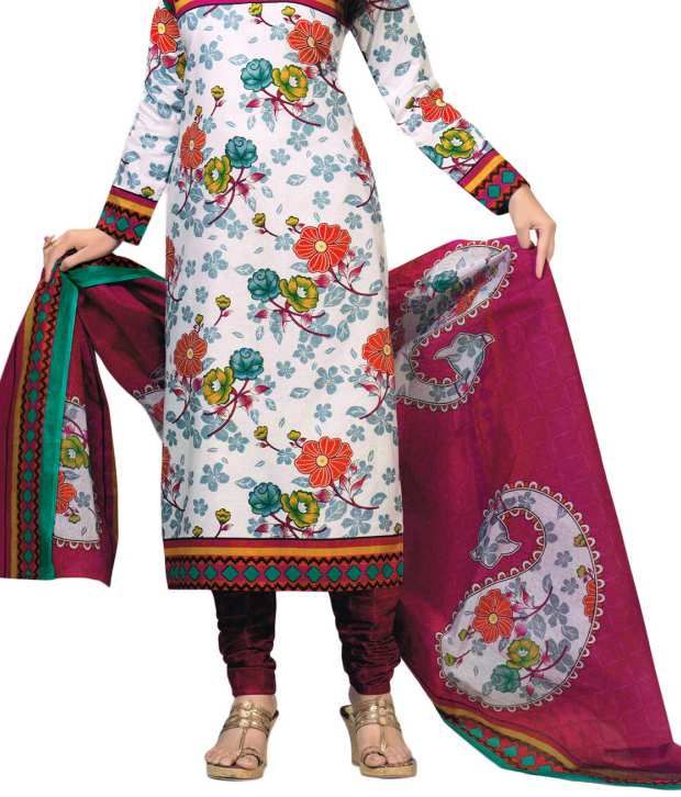 Shree Ganesh White Cotton Printed Dress Material - Buy Shree Ganesh White Cotton Printed Dress 