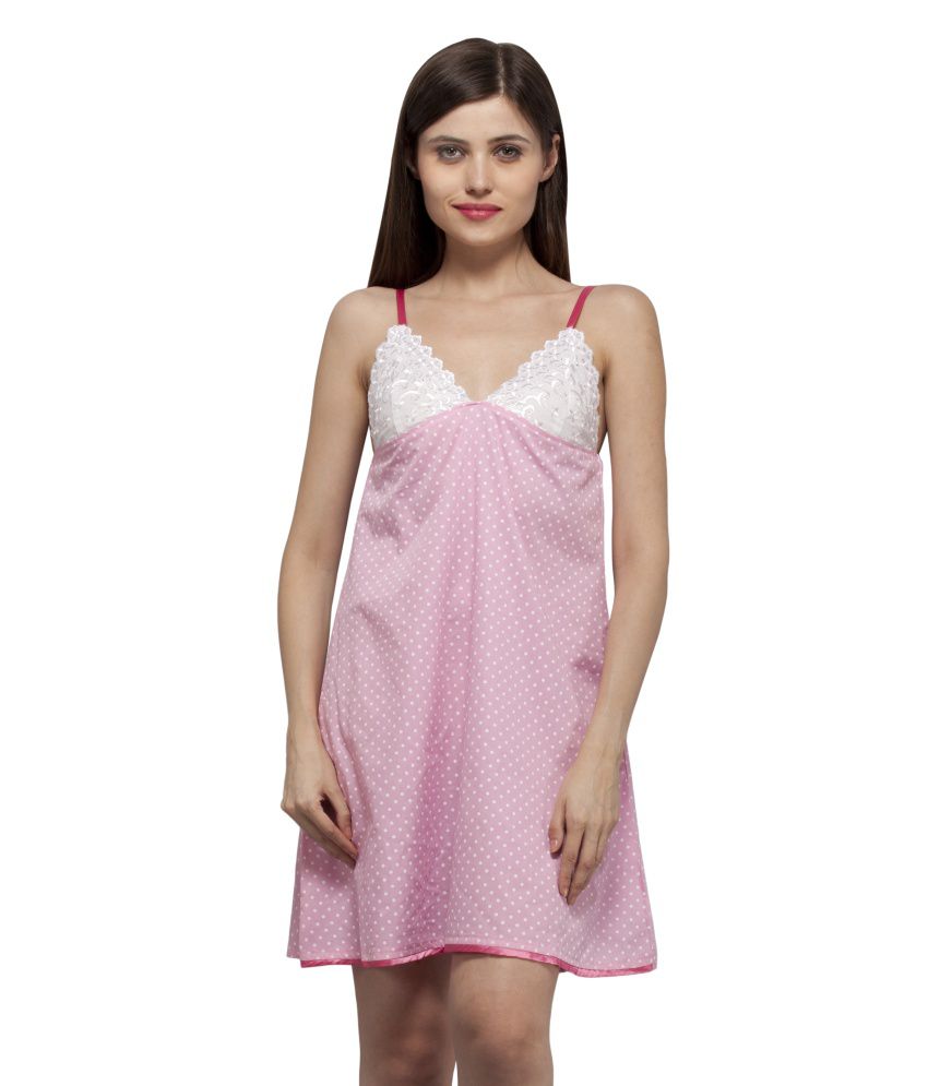 Buy VedVid Pink V Neck Pink Polka Dots Cotton Sleeveless Short Nighty Online at Best Prices in 