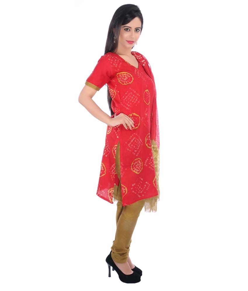Grafion Red Printed Bandhani Cotton Dress Material - Buy Grafion Red Printed Bandhani Cotton 