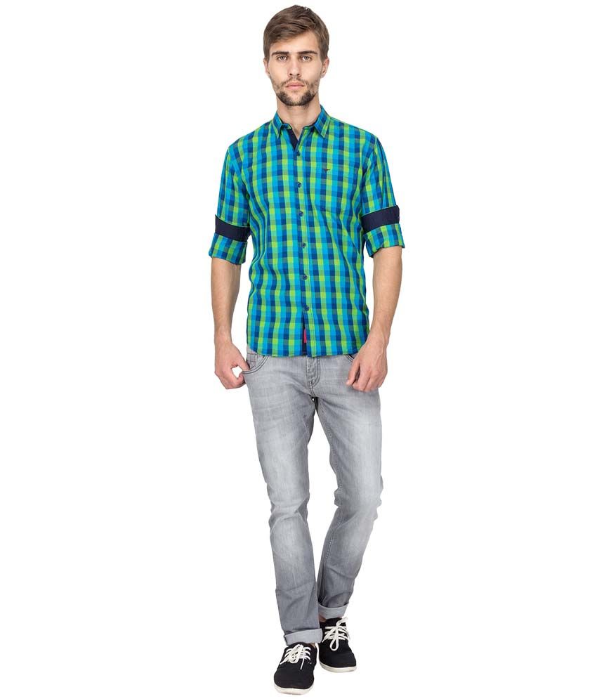 Le Bison Green Cotton Checks Slim Fit Full Sleeve Casual Shirt - Buy Le ...