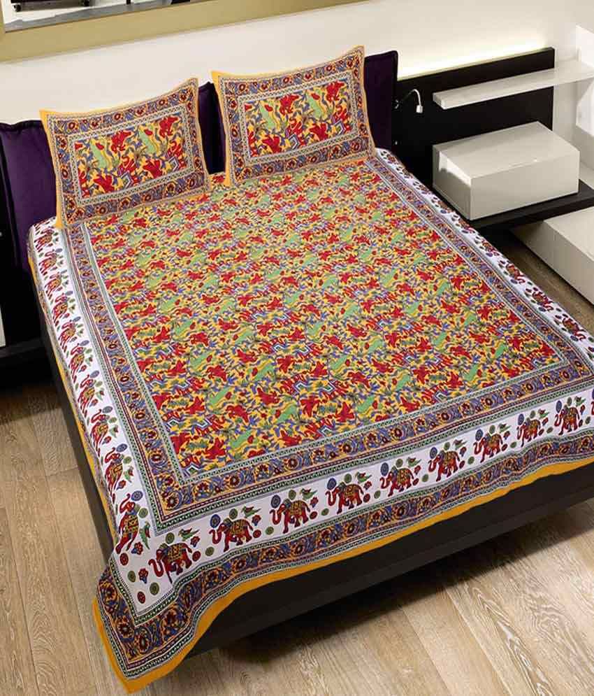 Rangasthali Rajasthani Jaipuri Mughal Print Double Bedsheet with 2
