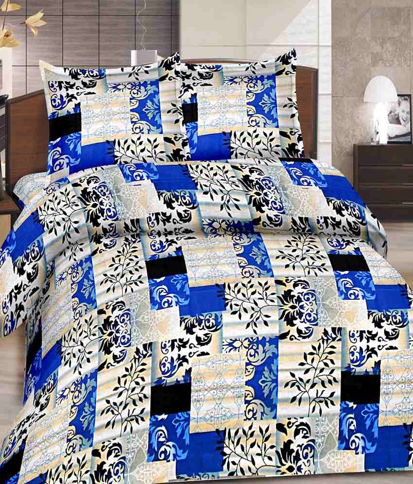 Goodwill White & Blue Single Bed Sheet With 2 Pillow Covers Buy