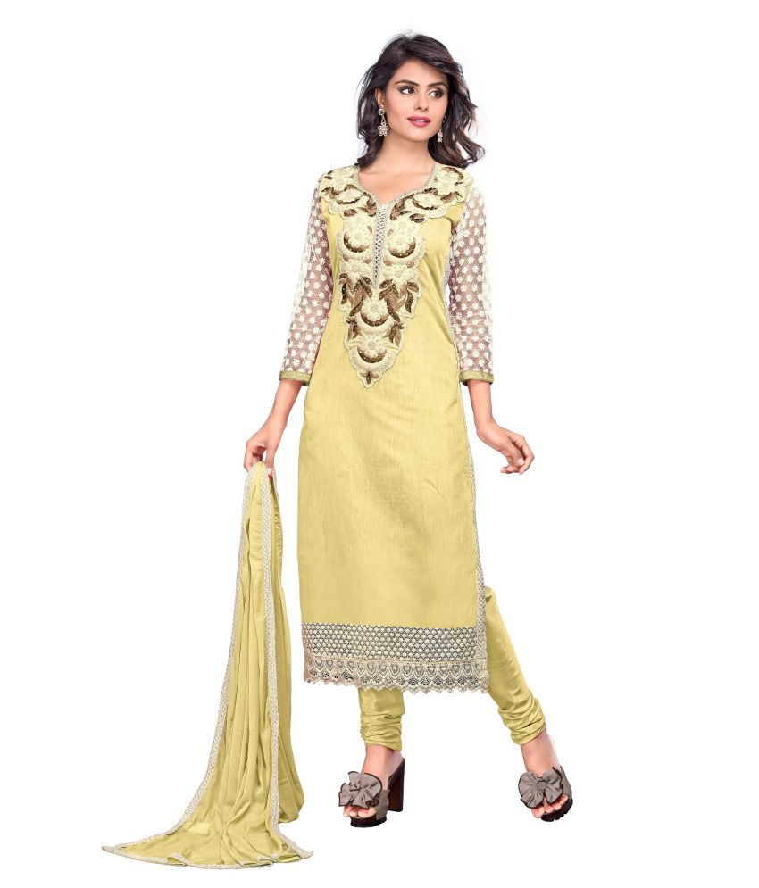 Khushali Multi Embroidered & Embellished Glaze Cotton Chudidar Unstitched Dress Material (Yellow 