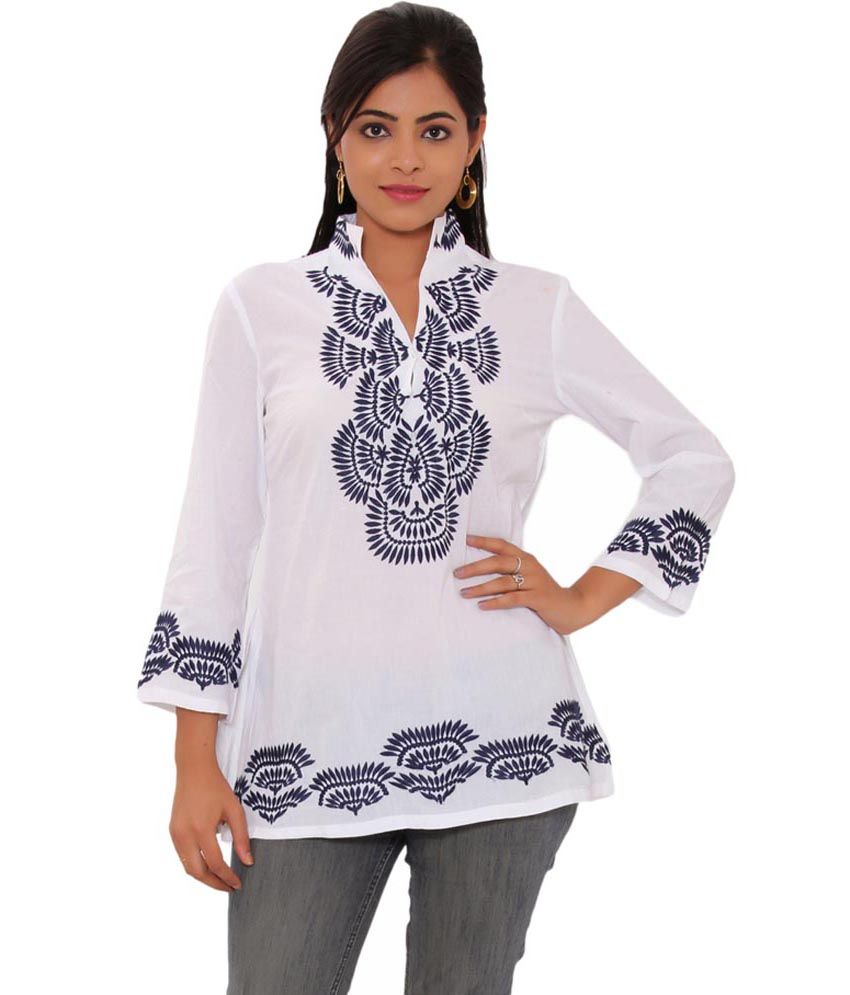 Rangeen White Cotton Embroidered V Neck Top - Buy Rangeen White Cotton ...