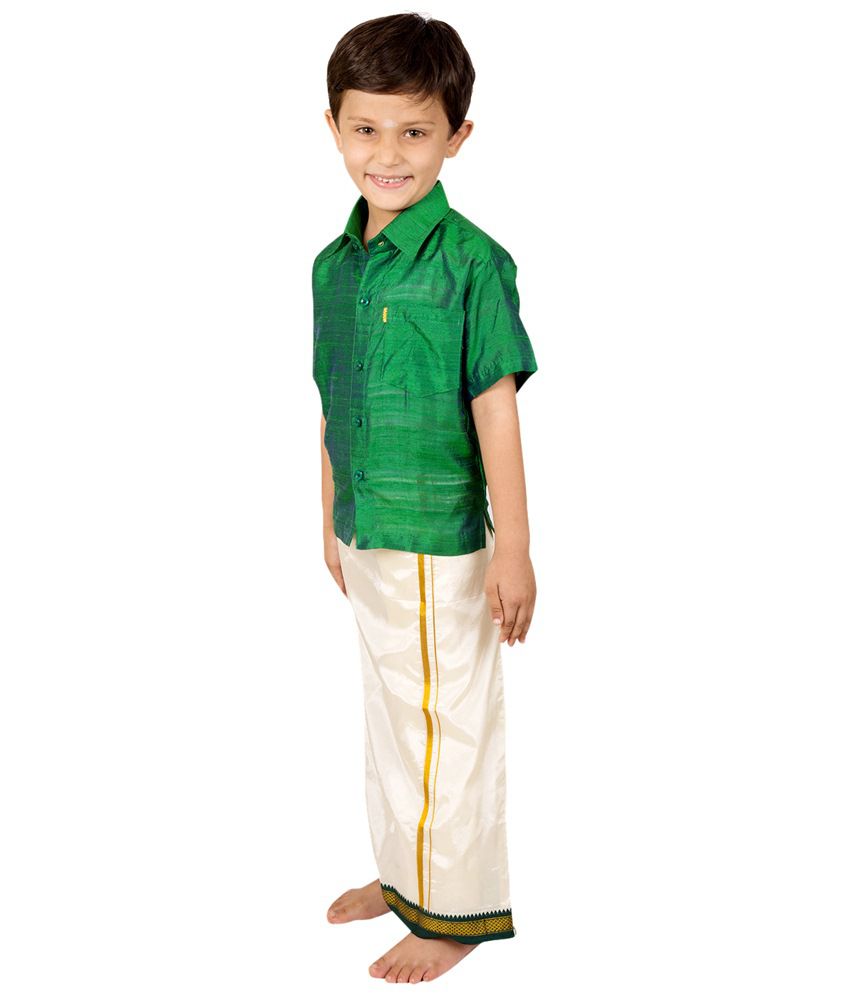 Thangamagan Green & Off White Silk Shirt N Dhoti Set For Boys - Buy ...
