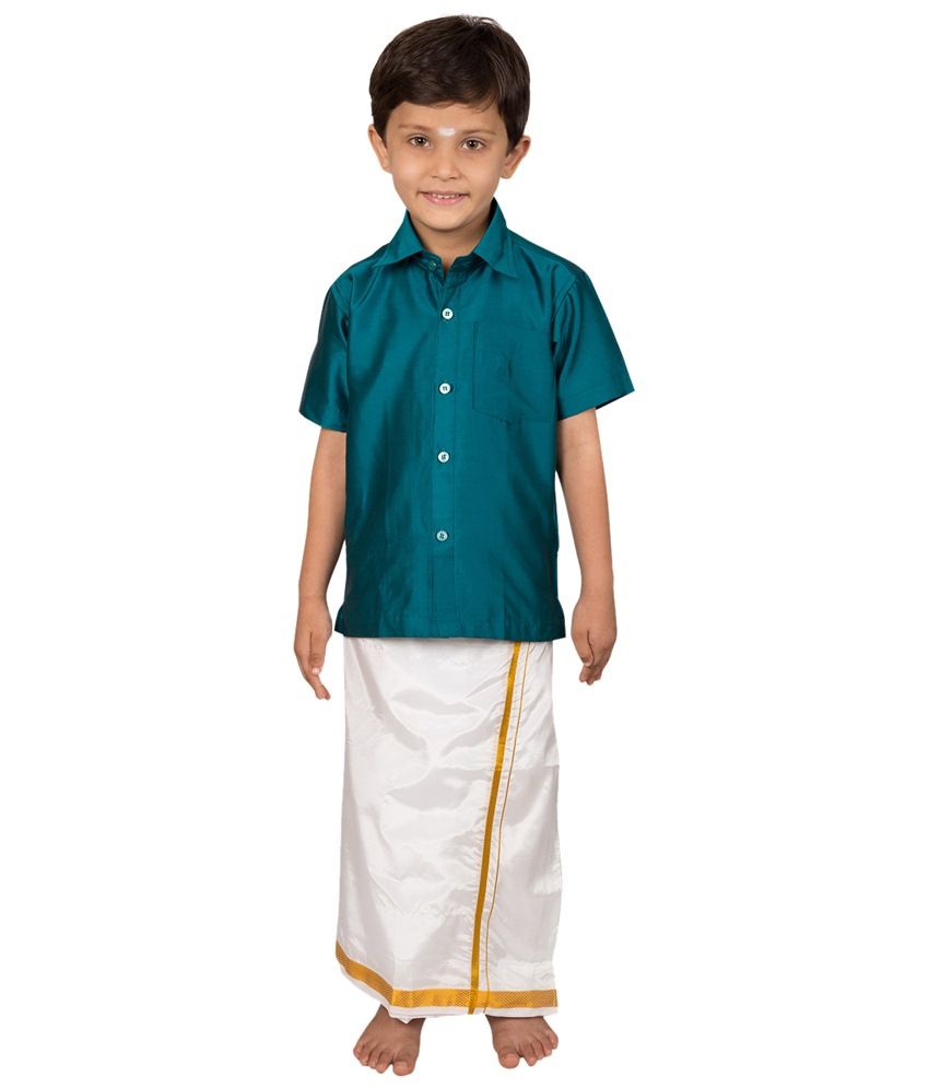 blue shirt and dhoti