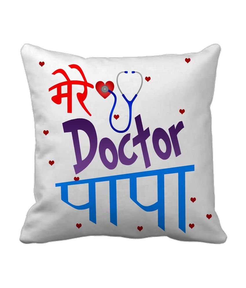 Tiedribbons White Silk Printed Unique Doctor Papa Hindi Cushion