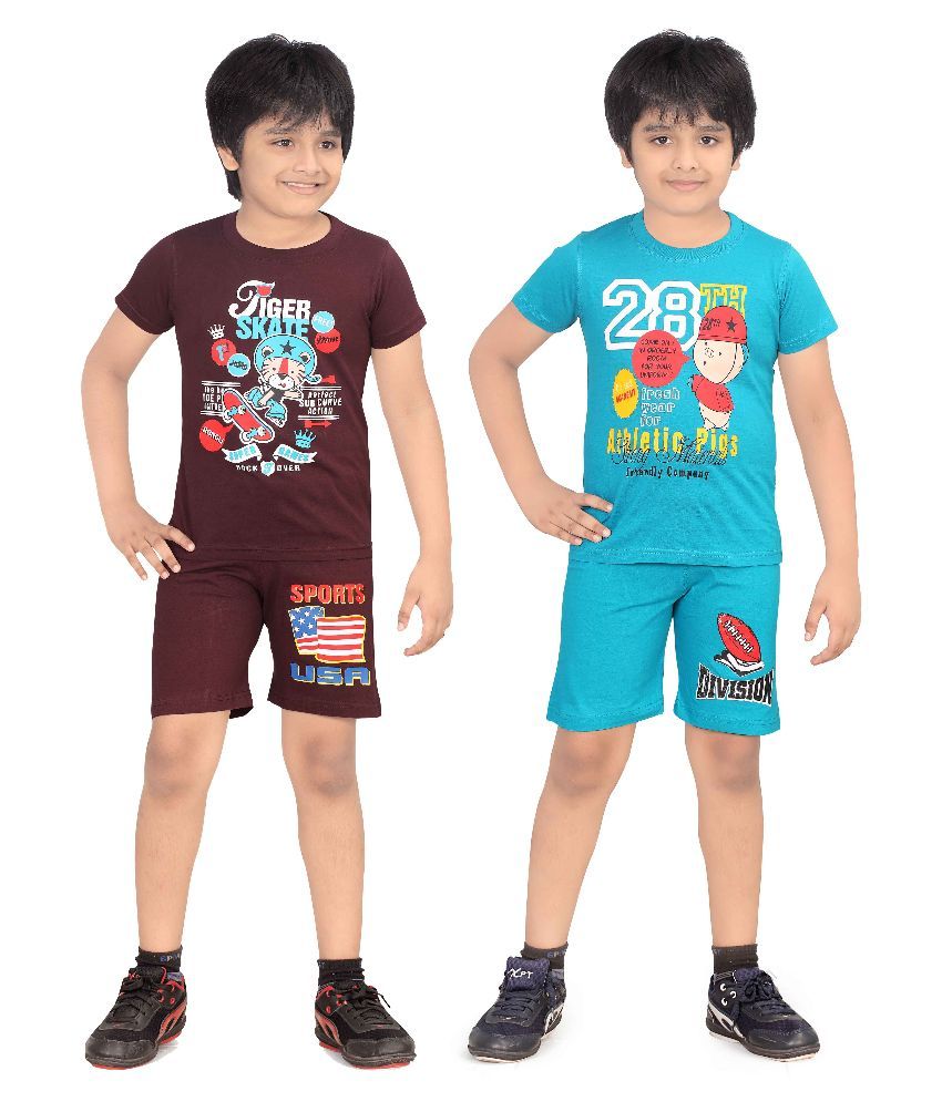     			Dongli Multicolor Cotton T-Shirt & Shorts - Pack of 2