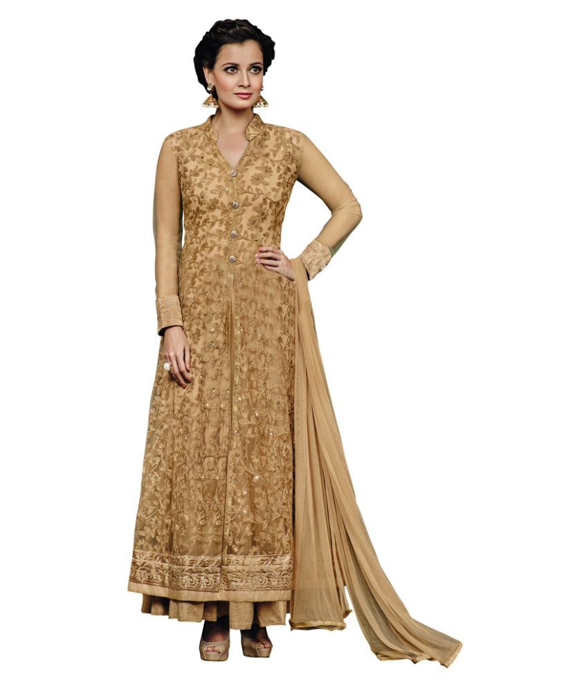 Swaron Brown and Beige Net Anarkali Gown Semi Stitched Suit - Buy ...