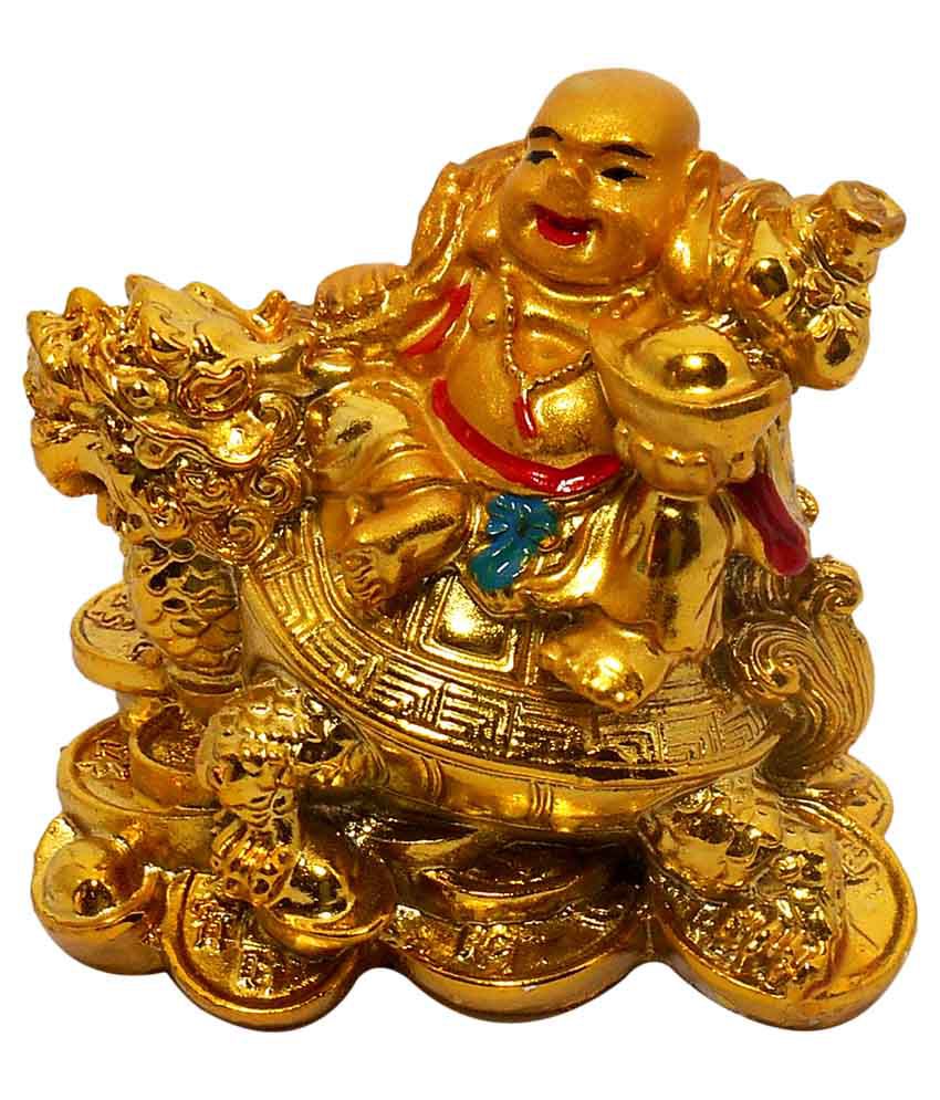     			Hometales Polyresin Feng Shui Laughing Buddha With Dragon Tortoise On Bed Of Wealth Decorative Showpiece (8 Cm, Gold)