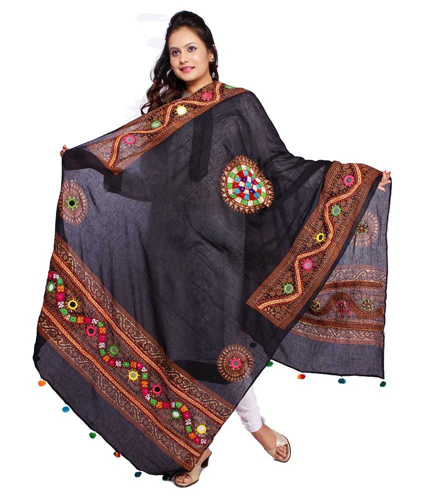 Banjara India Black Cotton Kutch Embroidered Dupattas