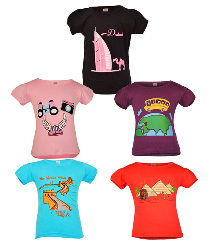     			Gkidz Multicolour Cotton T Shirt For Girls - Pack of 5