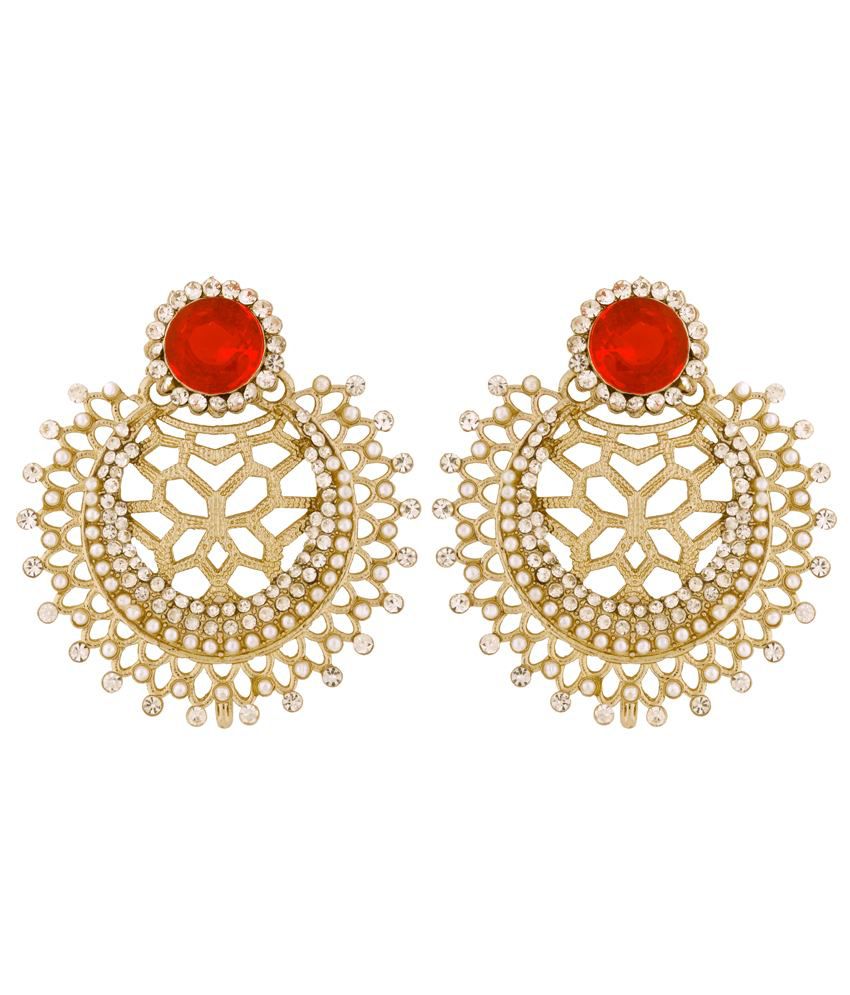     			The Jewelbox Chaand Bali Filigree American Diamond Pearl Rhodium Red Stud Earring for Women