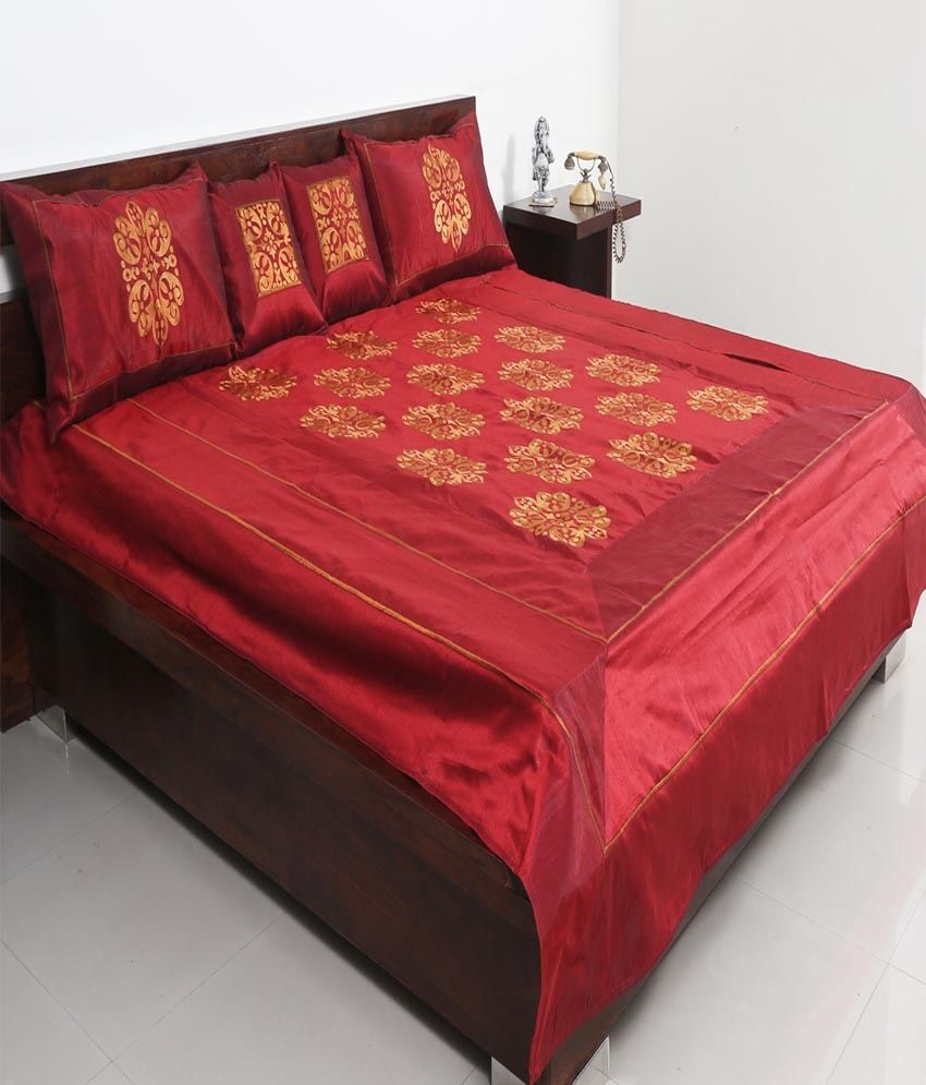 Indigenous Handicrafts Red Jaipuri Silk Double Bedding Set