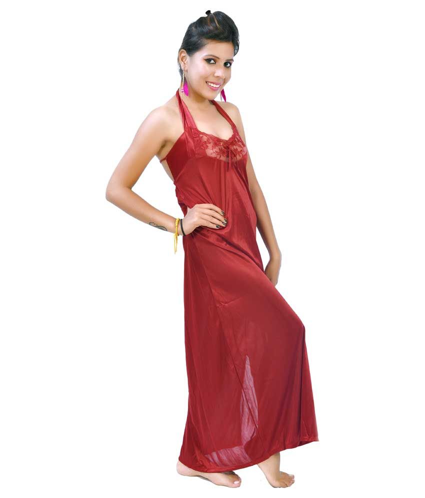 Buy Fashion Zilla Maroon Halter Neck Backless Nighty With Gown Online ...