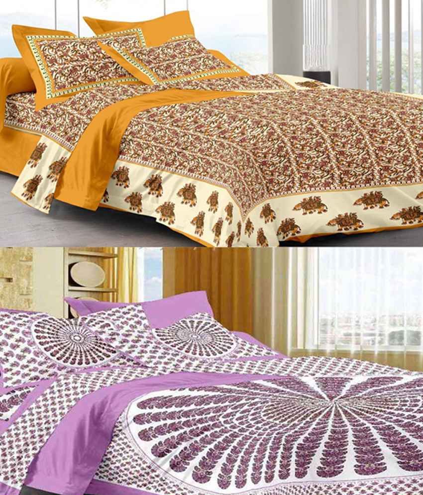Kismat Collection 100Percent Cotton King Size 2 Double Bed Sheet Combo