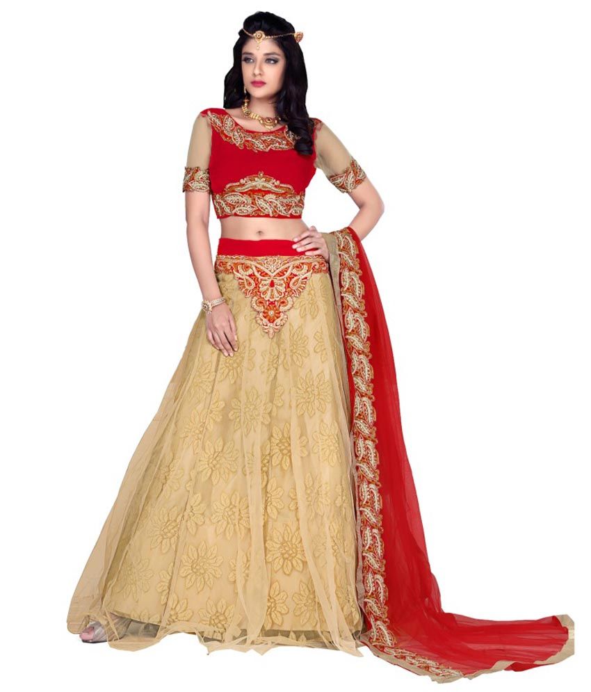 red netted lehenga