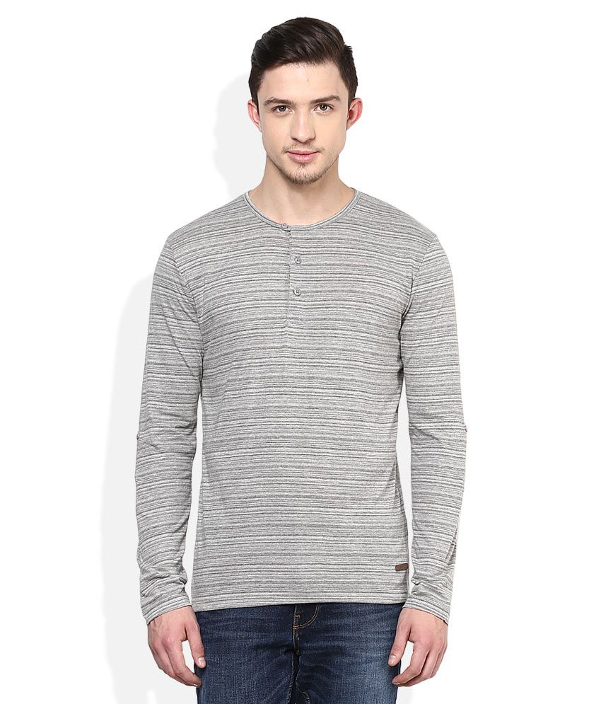 Voi Jeans Grey Striped Henley T-Shirt 