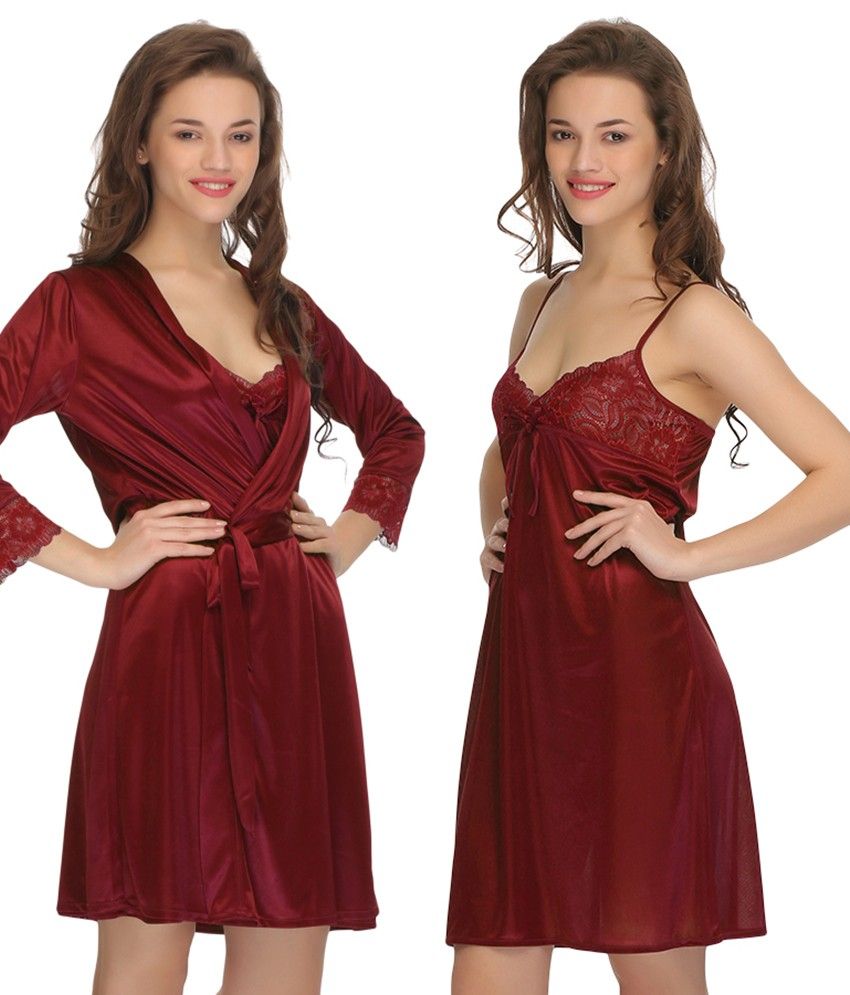     			Clovia Maroon Poly Satin Nightsuit Sets Pack of 2