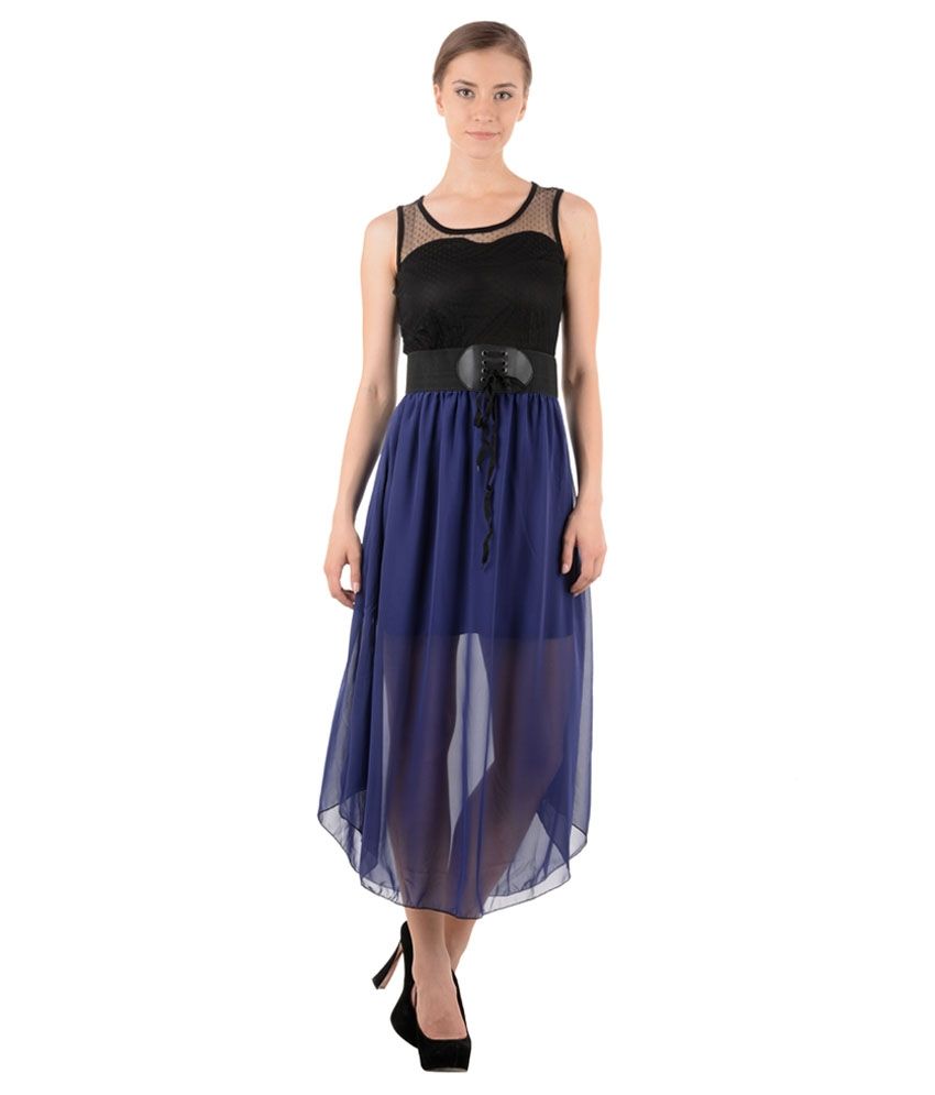     			Raabtaa Black & Navy Long Party Wear Dress