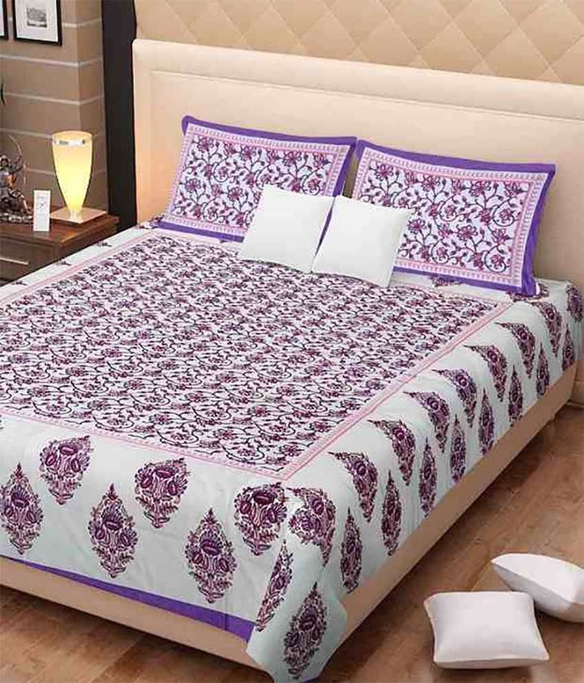     			Uniqchoice White And Purple Cotton Printed Double Bedsheet With Two Pillow Covers