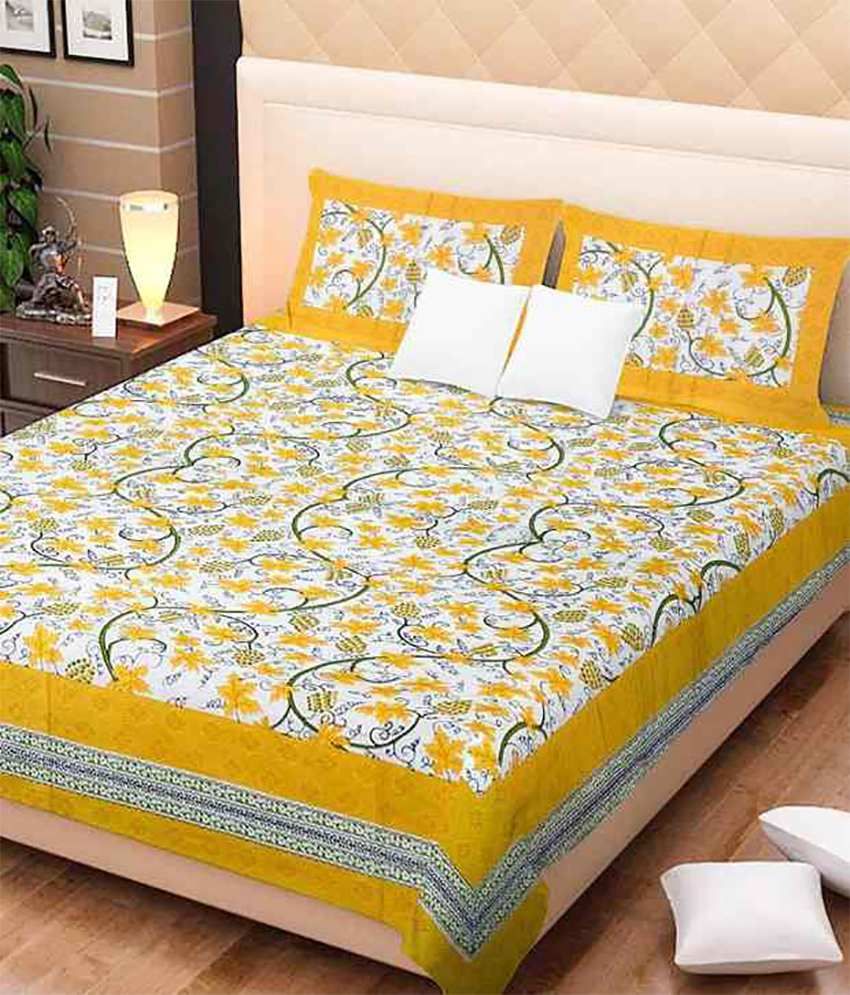     			Uniqchoice White And Yellow Cotton Printed Double Bedsheet With Two Pillow Covers