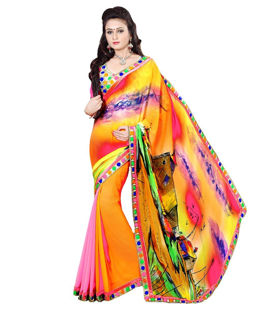 Surat Tex Multi Color Faux Georgette Saree - Buy Surat Tex Multi Color ...