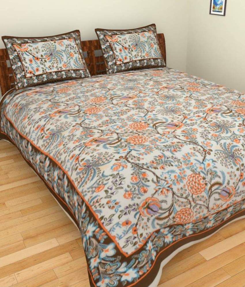 Maya Overseas Multicolour Ethnic Cotton Double Bed Sheet With 2 Pillow