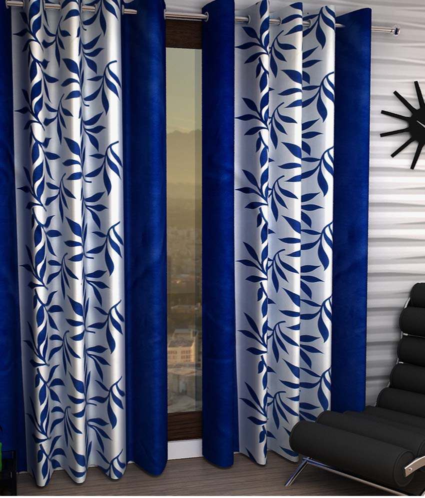     			Tanishka Fabs Natural Semi-Transparent Eyelet Door Curtain 7 ft Pack of 2 -Blue