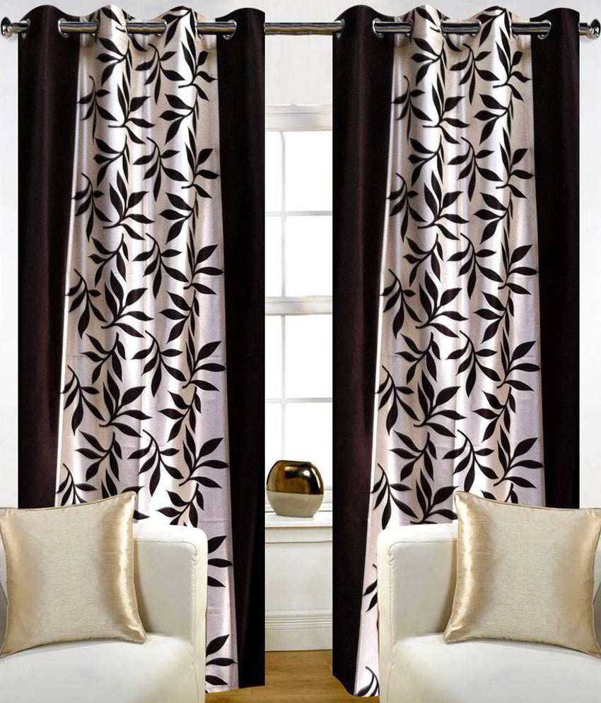     			Panipat Textile Hub Floral Semi-Transparent Eyelet Door Curtain 7 ft Pack of 2 -Black