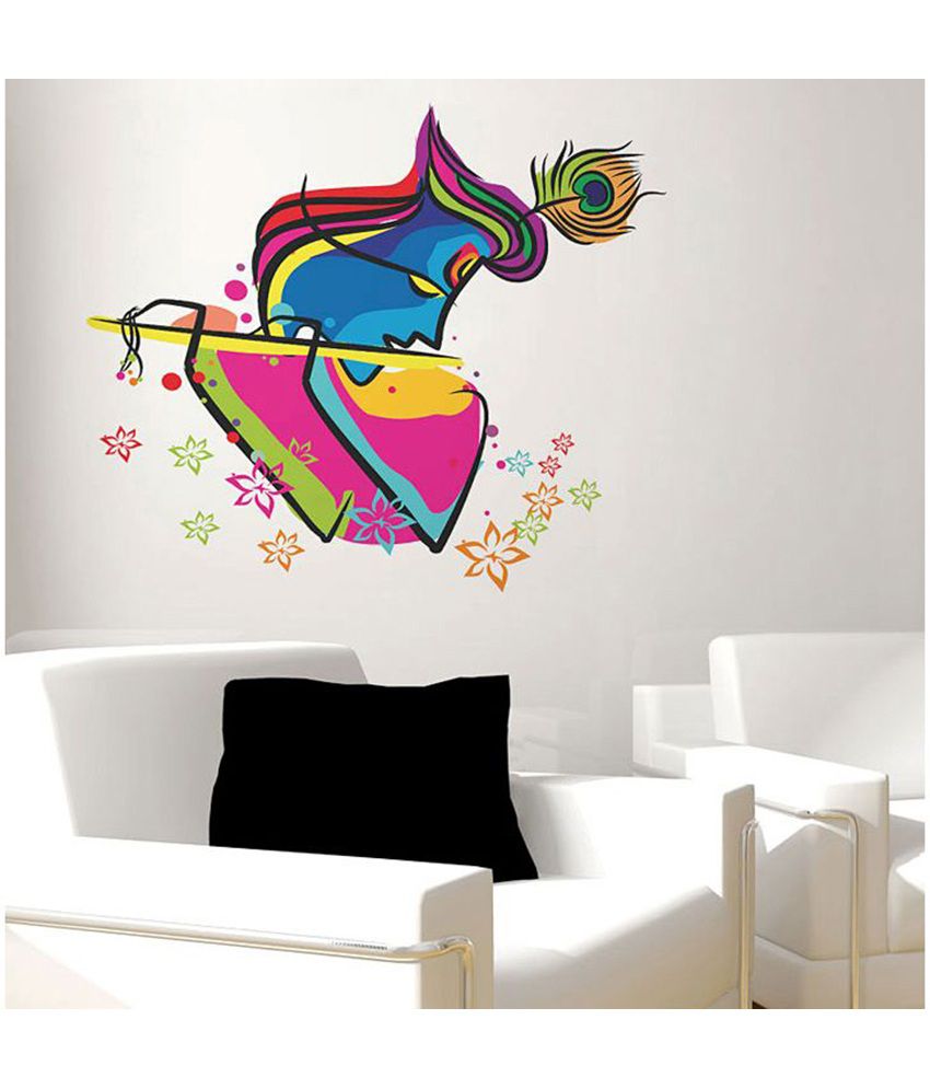     			HOMETALES Wall Decals Abstract Art Krishna With Flute And Flowers Wall Sticker ( 60 cm x 60 cm )