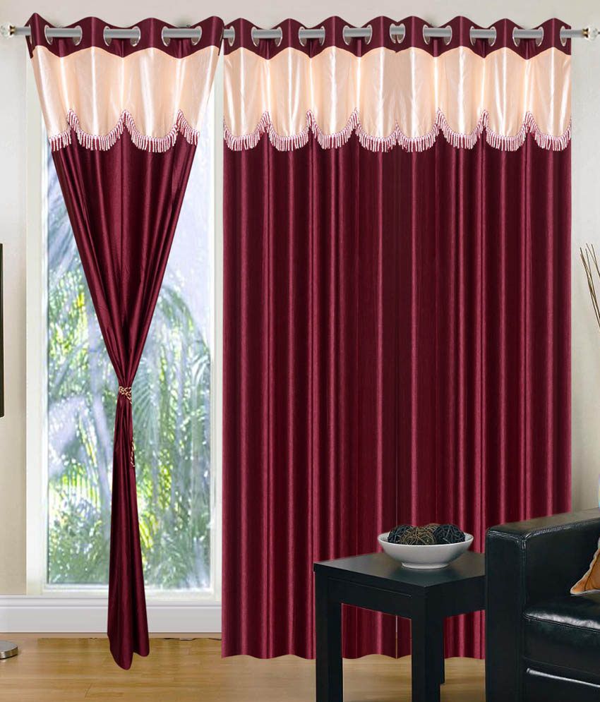     			Tanishka Fabs Natural Semi-Transparent Eyelet Window Curtain 7 ft Pack of 3 -Red