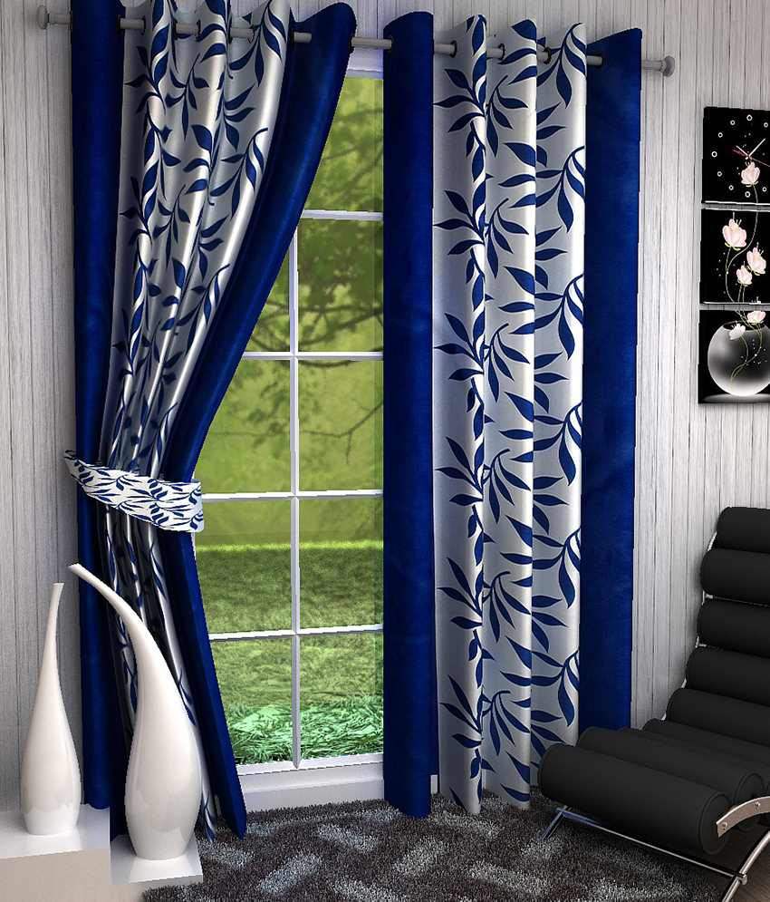     			Panipat Textile Hub Printed Semi-Transparent Eyelet Door Curtain 7 ft Pack of 2 -Blue