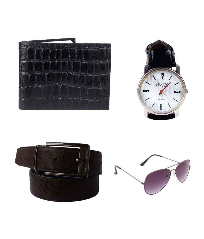 Klaska Combo of Leather Wallet, Belt, Sunglass and a Wrist  