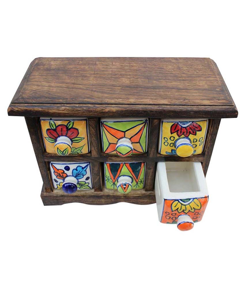 Indianshelf Ceramic Wooden Handmade Spice Box Masala Multi Utility