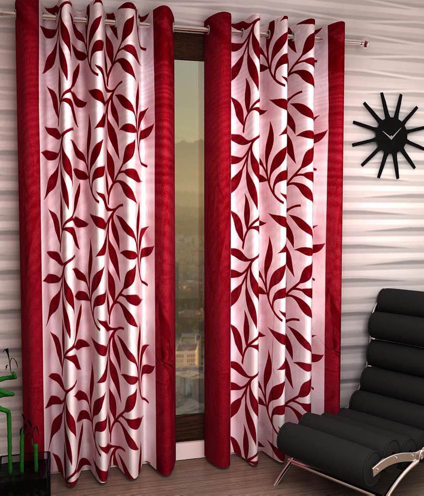     			Tanishka Fabs Floral Semi-Transparent Eyelet Door Curtain 7 ft Pack of 4 -Red